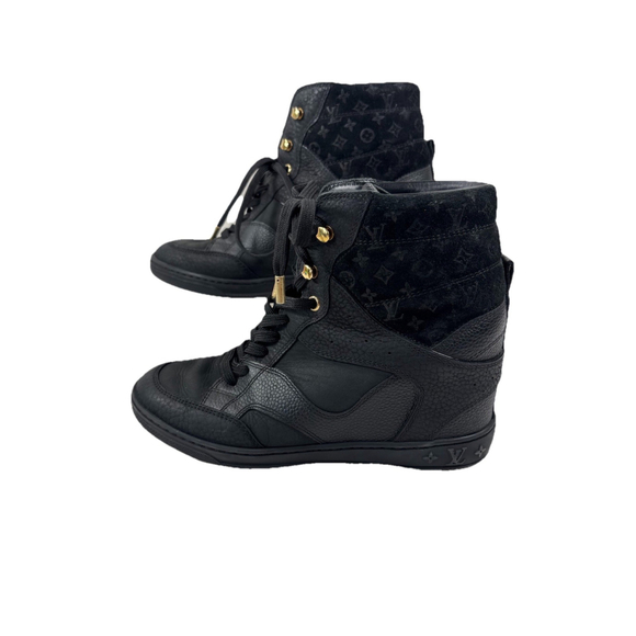 Louis Vuitton Cliff Monogram Leather High Top Wedge Sneakers Black 36